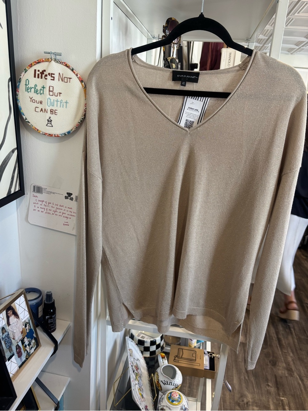 Eva Kayan V Neck Metallic Knit Sweater - Light Champagne